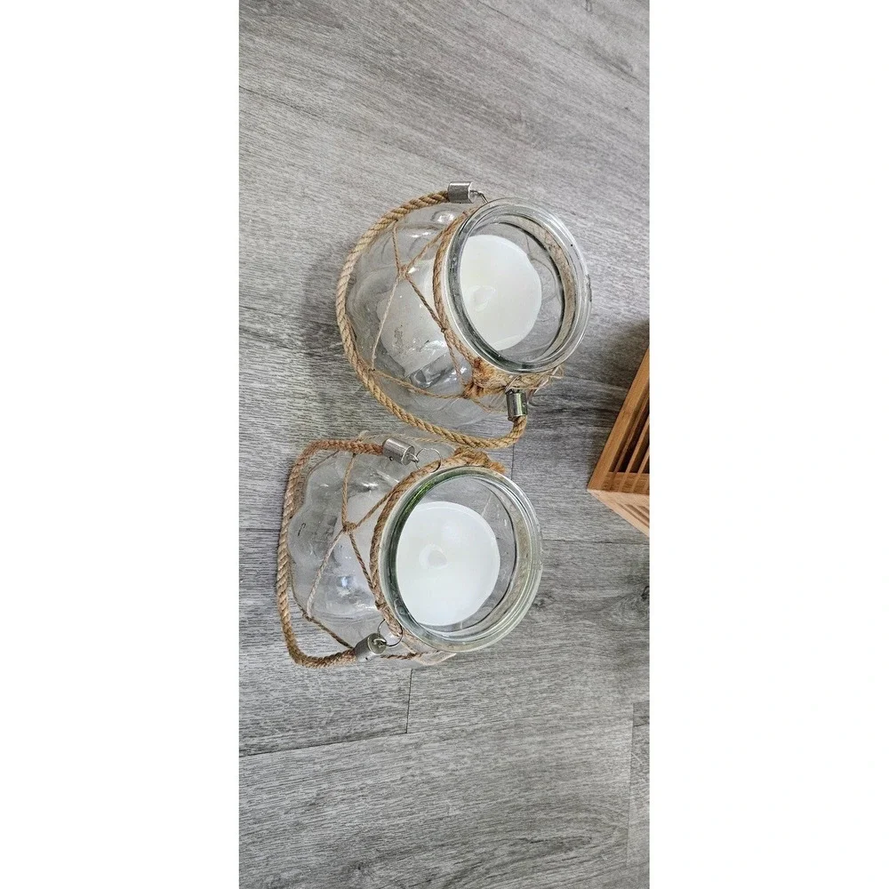 Set of 2 Nautical Glass Lanterns with Jute Rope Netting and Handles Clear Ribbed